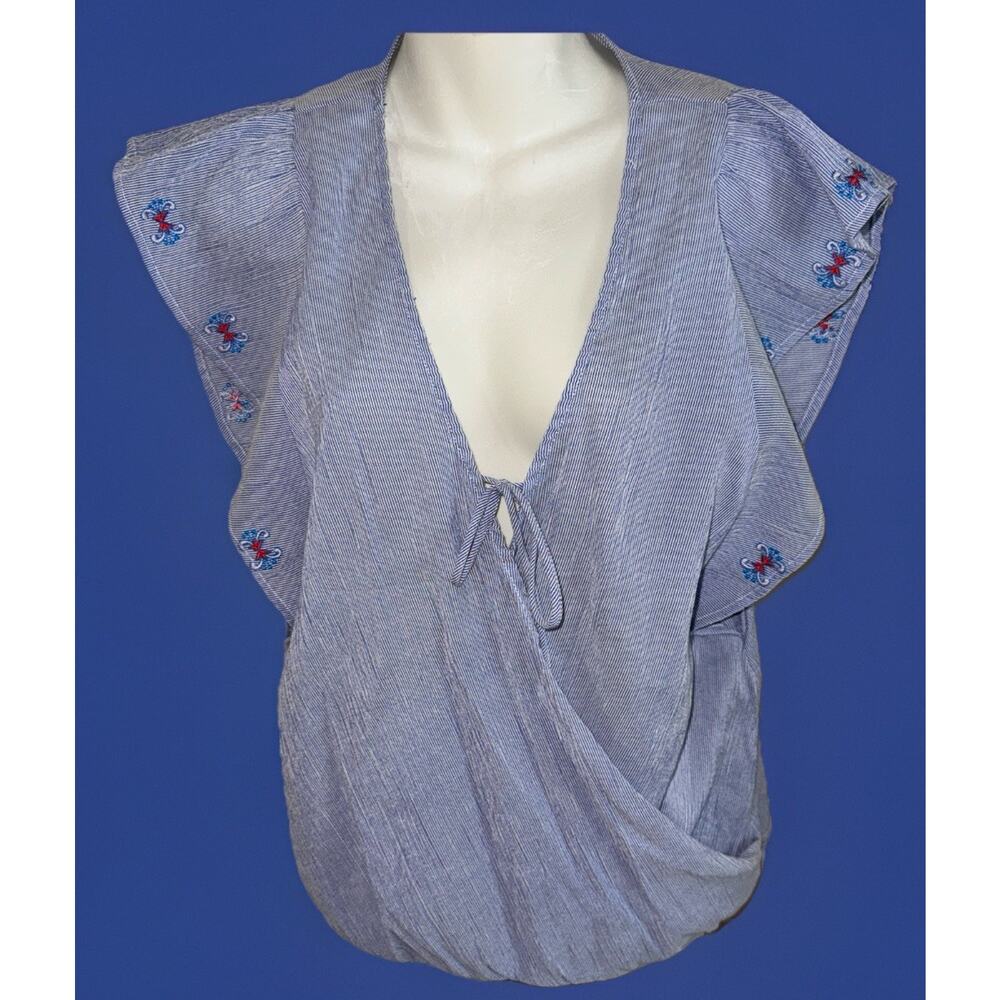 Lovestitch Cotton Pin Stripe Wrap Blouse Embroidered Flutter Sleeve Top Small